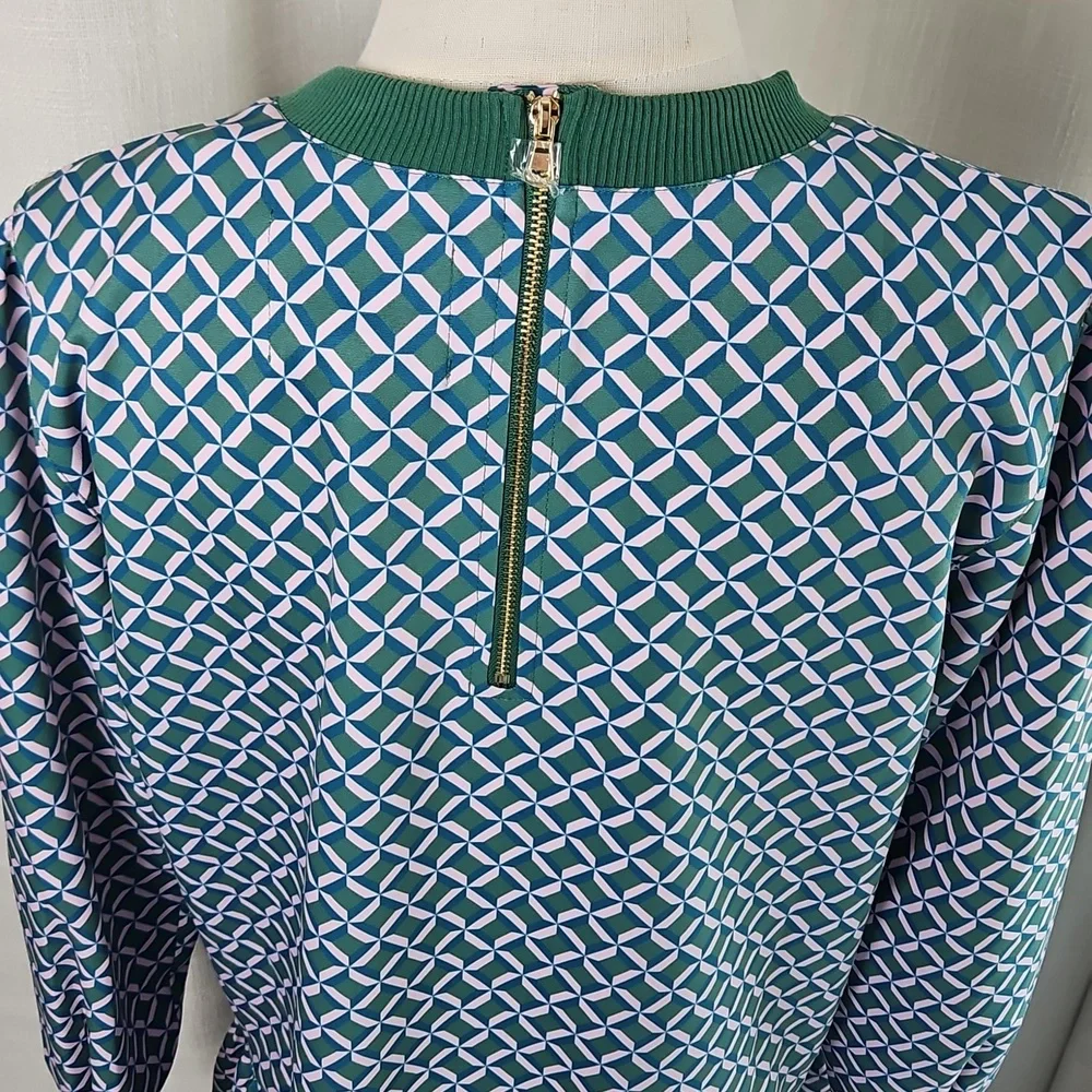 Addison Bay Long Sleeve Vine Dress: Geo Trelis- Green/Pink/Teal - Picture 7 of 15